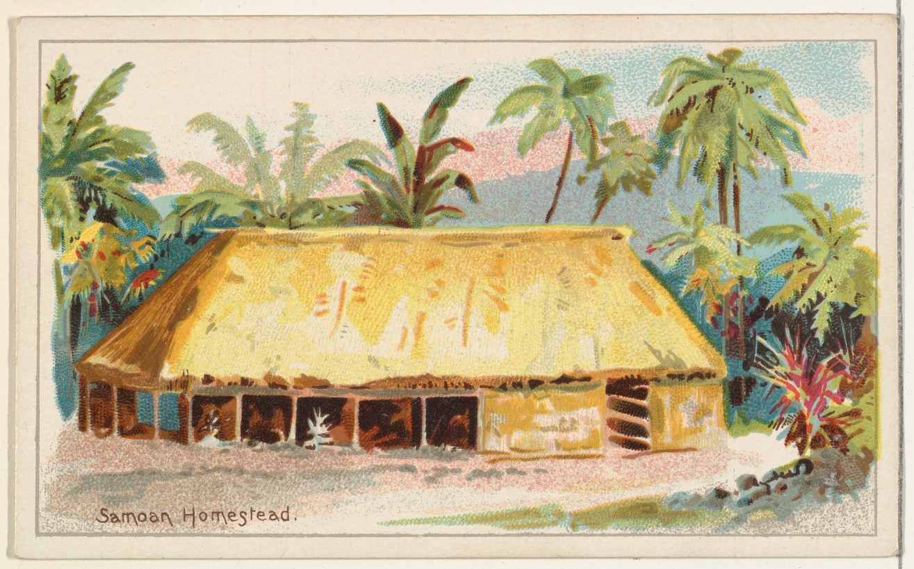 a painting bearing the signature of Samoan Homestead. It is a small, primitive house in a tropical scenery