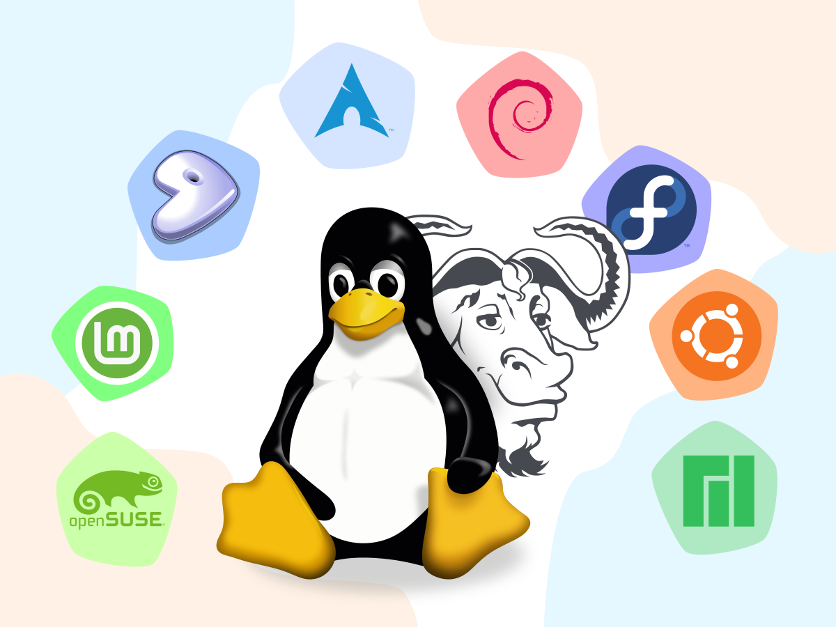 Tux the Linux penguin surrounded by the logos of several Linux distributions