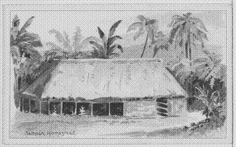 a painting bearing the signature of Samoan Homestead. It is a small, primitive house in a tropical scenery